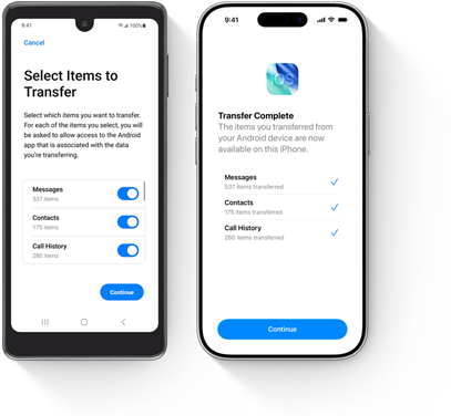 Urządzenie z systemem Android w trakcie transferu danych obok iPhone’a z otwartą aplikacją Przenieś do iOS i zakończonym transferem danych