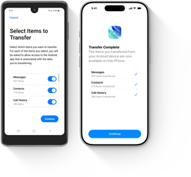 Urządzenie z systemem Android w trakcie transferu danych obok iPhone’a z otwartą aplikacją Przenieś do iOS i zakończonym transferem danych