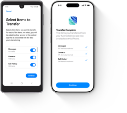 Urządzenie z systemem Android w trakcie transferu danych obok iPhone’a z otwartą aplikacją Przenieś do iOS i zakończonym transferem danych