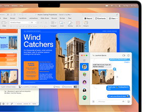 Zdjęcie z aplikacji Wiadomości jest wstawiane do raportu w Microsoft Word na 13-calowym MacBooku Air, co demonstruje intuicyjność obsługi komputera Mac oraz jego podobieństwo do iPhone'a.