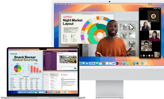 Otwarty 15-calowy MacBook Air w kolorze srebrnym z uruchomionymi aplikacjami Poczta, Numbers i Slack. Obok znajduje się 24-calowy iMac, na kt&oacute;rym widać osobę prowadzącą prezentację w Keynote przez FaceTime.