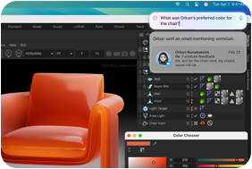 Osoba projektująca krzesło w aplikacji 3D. Funkcja Siri udziela z wykorzystaniem narzędzia ChatGPT odpowiedzi na pytanie dotyczące faktury żywicy