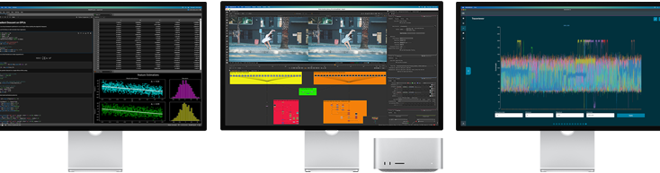 Mac Studio i trzy monitory Studio Display z różnymi aplikacjami widocznymi na ekranach