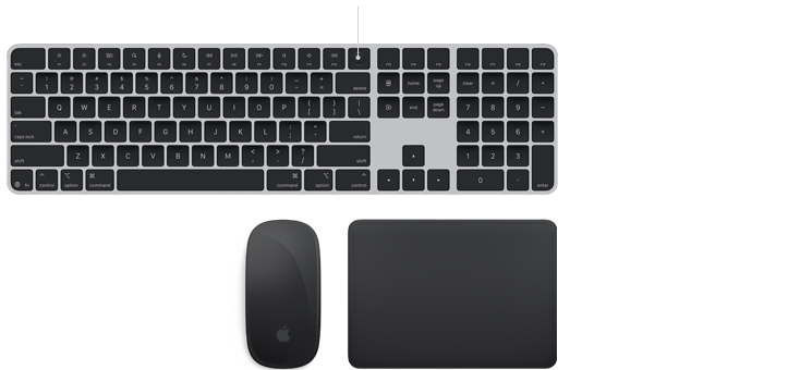 Akcesoria Magic: klawiatura Magic Keyboard z Touch ID, mysz Magic Mouse i gładzik Magic Trackpad w kolorze gwiezdnej szarości ustawione obok siebie