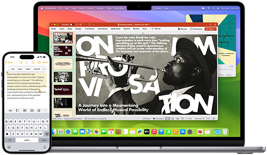 MacBook Air i iPhone ustawione obok siebie, widać ekrany obu urządzeń i przeklejanie tekstu z iPhone’a do dokumentu wyświetlanego na MacBooku Air