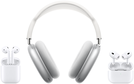 Ilustracja przedstawiająca Airpods, Airpods Max i Airpods Pro.