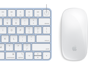Zbliżenie na dopasowane kolorystycznie klawiaturę Magic Keyboard i mysz Magic Mouse z wyeksponowanym odciskiem palca na czytniku Touch ID