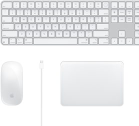 Widok z góry na biurko z myszą Magic Mouse, przewodem USB-C, gładzikiem Magic Trackpad i klawiaturą numeryczną Magic Keyboard