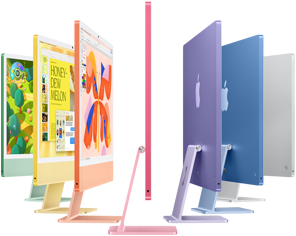 iMac Genialny. Widok na komputery iMac w kolorze zielonym, żółtym, pomarańczowym, różowym, fioletowym, niebieskim i srebrnym