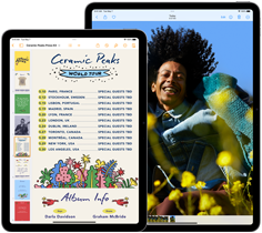 Leżące obok siebie modele iPada 11 cali i 13 cali prezentujące wyświetlacz Liquid Retina
