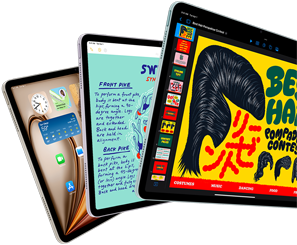 Trzy wyświetlacze iPada Air prezentujące funkcje systemu iPadOS i aplikacji