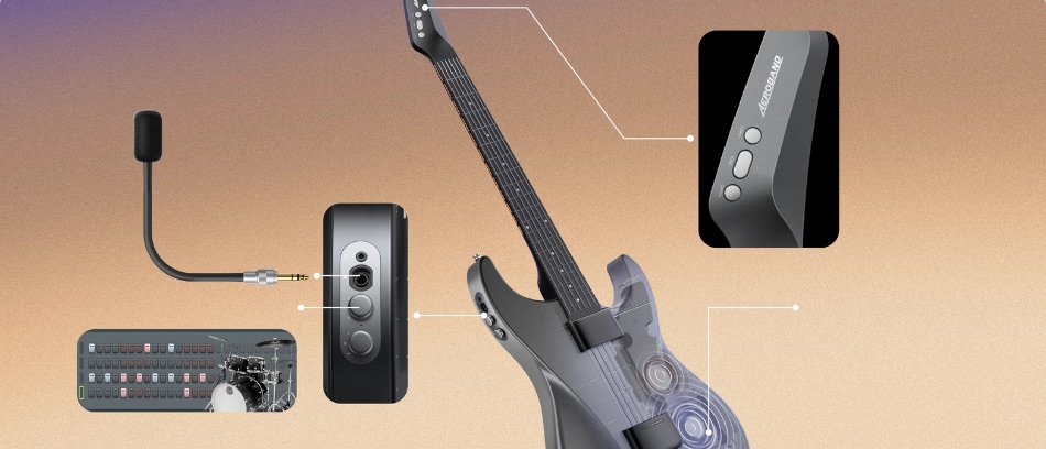 Gitara AeroBand Midi posiada wbudowany głośnik, port mikrofonowy, gotowe pętle perkusyjne oraz szybki przełącznik capo.