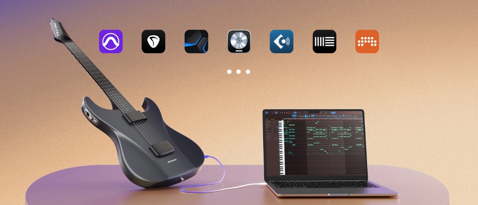 Gitara AeroBand Midi podłączona do laptopa z oprogramowaniem DAW