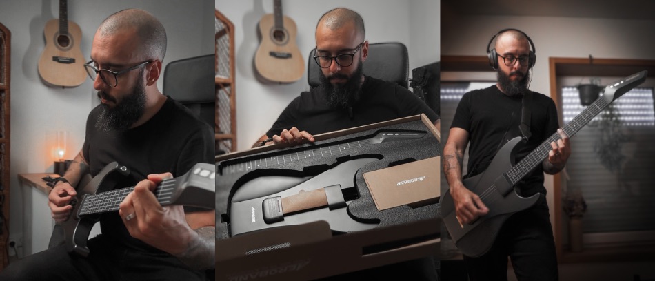 ILustracja łączenia funkcji nauki z profesjonalnymi możliwościami studyjnymi przez gitarę AeroBand Midi.