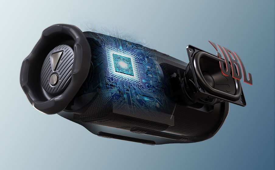 JBL Charge 6 – ilustracja sugeruje potężny dźwięk JBL Pro ze wzmocnieniem AI Sound Boost.