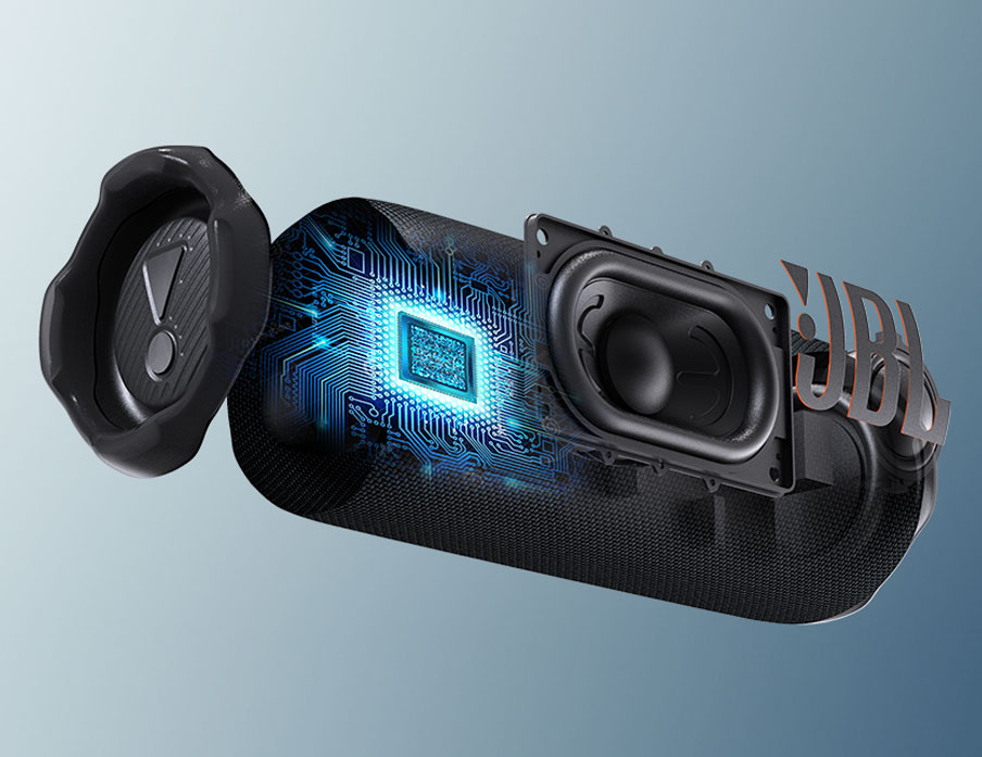 JBL Flip 7 – obrazek przedstawia wnętrze głośnika. Jest to ilustracja potężnego dźwięku JBL Pro ze wzmocnieniem AI Sound Boost
