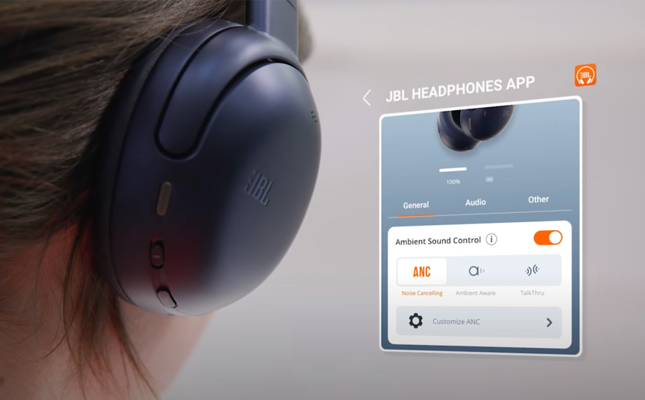 Widok okna aplikacji JBL Headphones używanej do kontrolowania ustawień słuchawek JBL Tour One M3.
