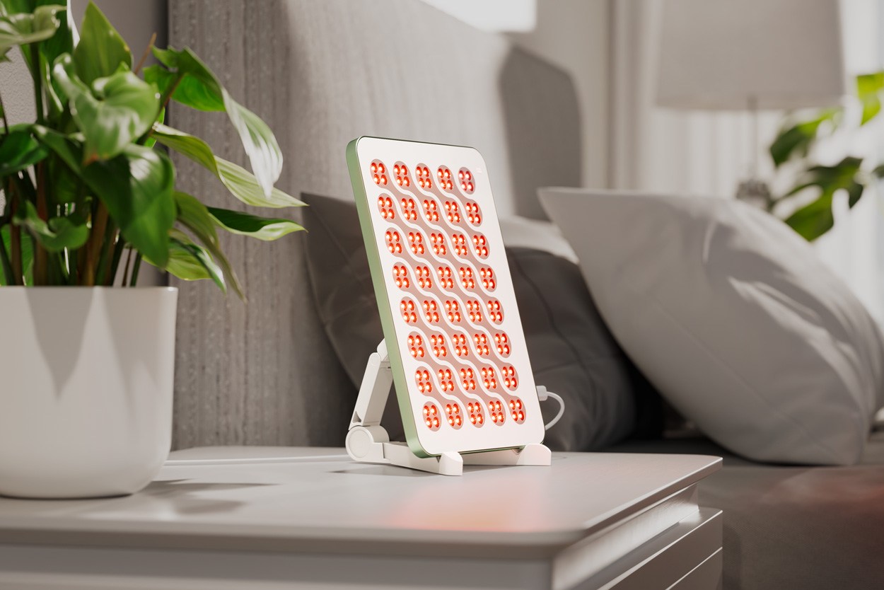 Dzięki kompaktowej konstrukcji Red Light Therapy Panel mieści się nawet na małej szafce.