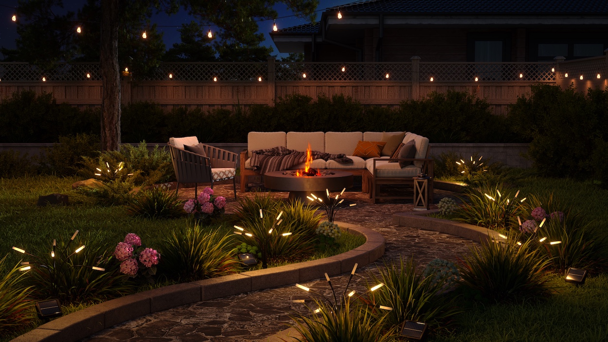Nanoleaf Solar Garden Lights oświetlają strefę wypoczynkową w ogrodzie