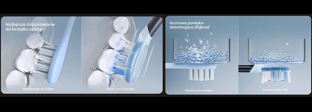 Elastyczne końcówki szczoteczki Oclean X Ultra 20 docierają do każdego zakamarka jamy ustnej, a gumowa powłoka absorbuje drgania