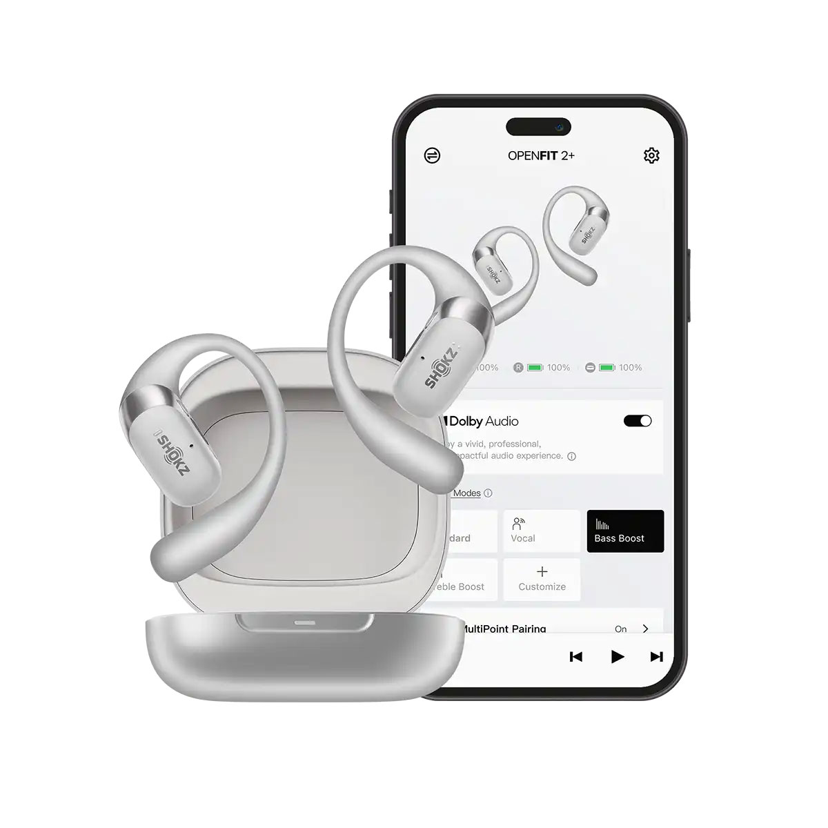 Słuchawki Shokz OpenFit 2+ i smartfon z ekranem aplikacji Shokz App