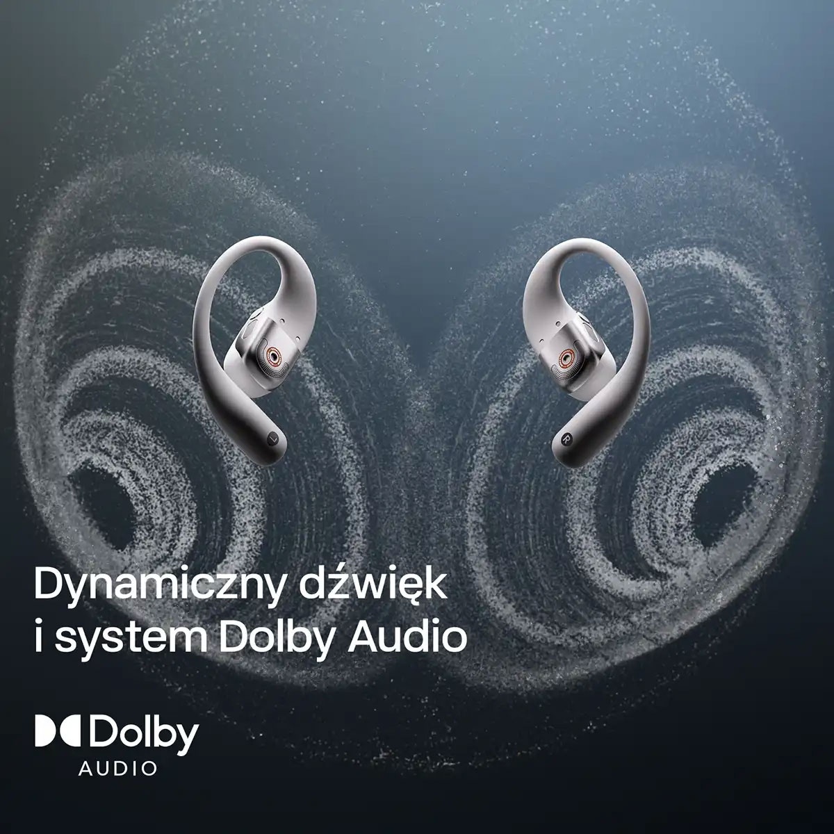 Ilustracja dynamicznego dźwięku i systemu Dolby Audio zastosowanych w słuchawkach Shokz OpenFit 2+