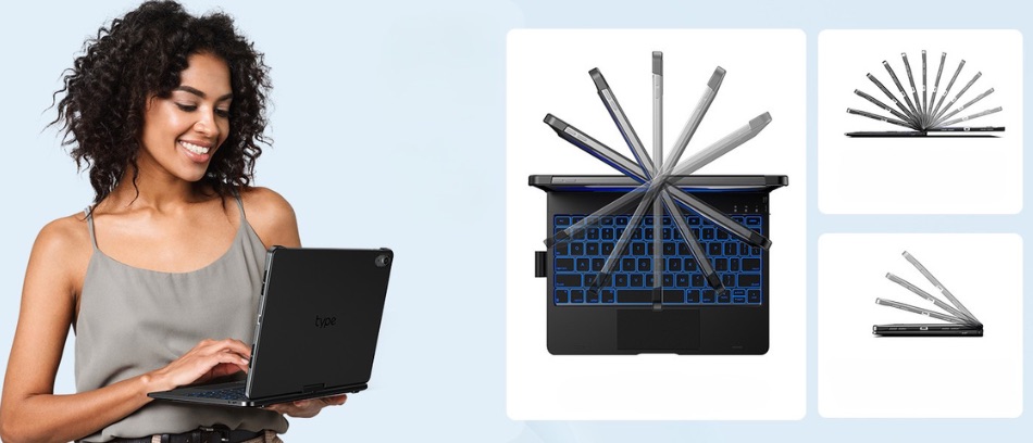 Ilustracja pełnego zakresu obrotu iPada z etui Typecase Flexbook Touch