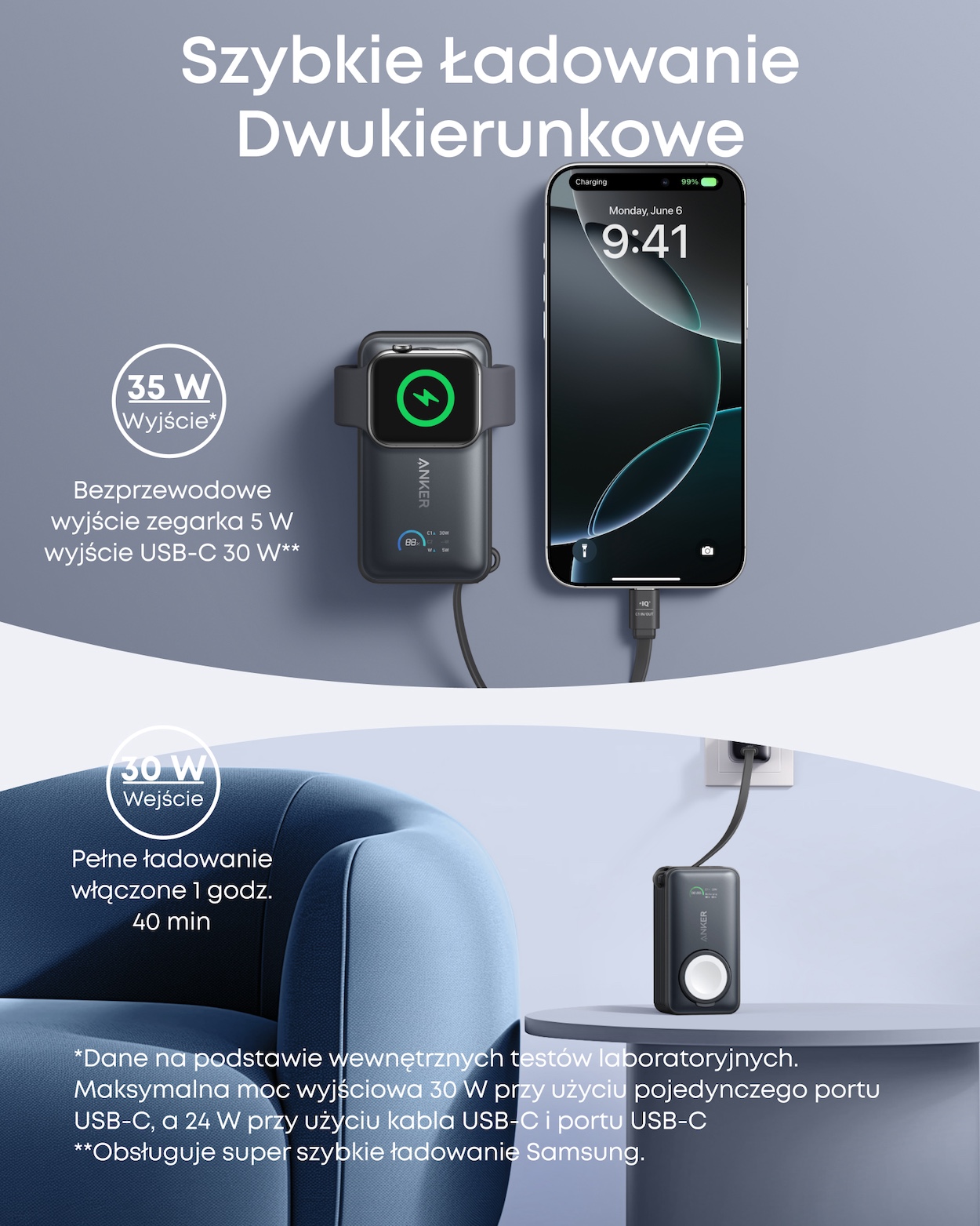 Ilustracja szybkiego ładowania dwukierunkowego powerbanka Anker MagGo 10 000 mAh 35W Apple Watch