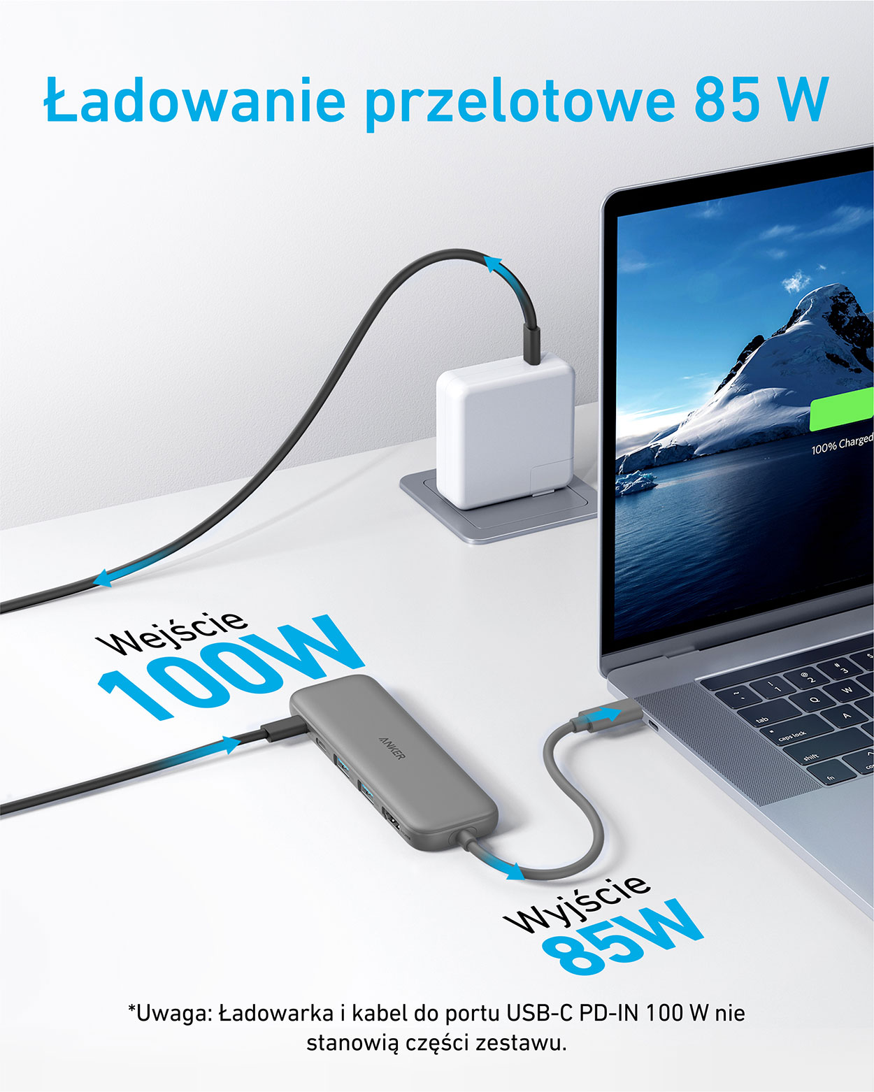 Ilustracja możliwości ładowania przelotowego przez przejściówkę Anker 332 USB-C Hub 5-in-1