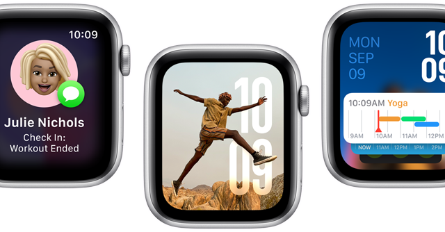 Aplikacja Tłumacz, funkcja Daj znać, tarcza Zdjęcia, tarcza Moduły i aplikacja Parametry życiowe na pięciu urządzeniach Apple Watch SE