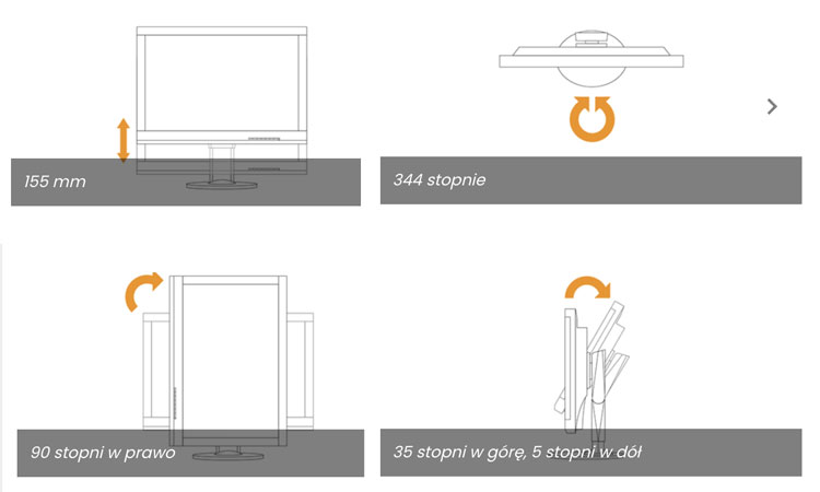 Szerokie możliwości regulacji stopki monitora EIZO ColorEdge CS2400S.
