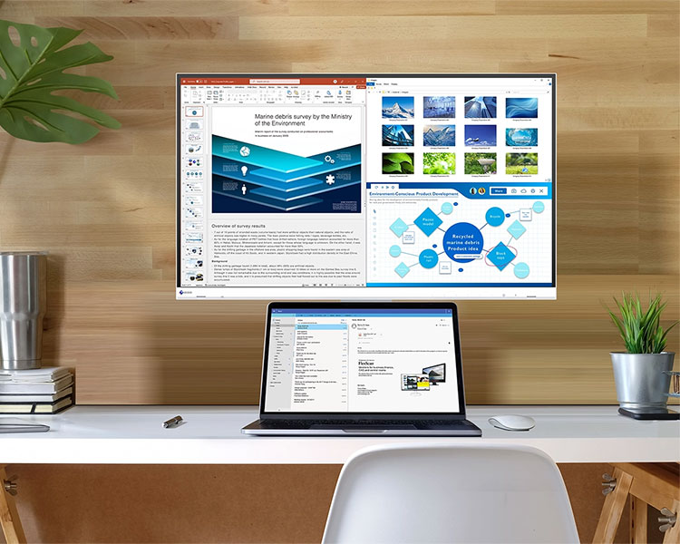 Monitor EIZO FlexScan EV2720S umożliwia dobre wykorzystanie miejsca na biurku.
