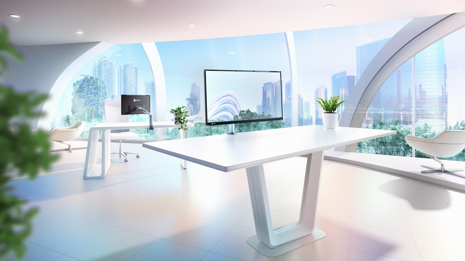 Ilustracja przedstawia monitory EIZO FlexScan FLT w nowoczesnym biurze.