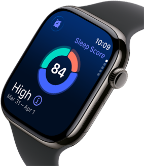 Zbliżenie na Apple Watch Series 11 w kopercie z tytanu w kolorze łupku, z wynikiem snu na wyświetlaczu