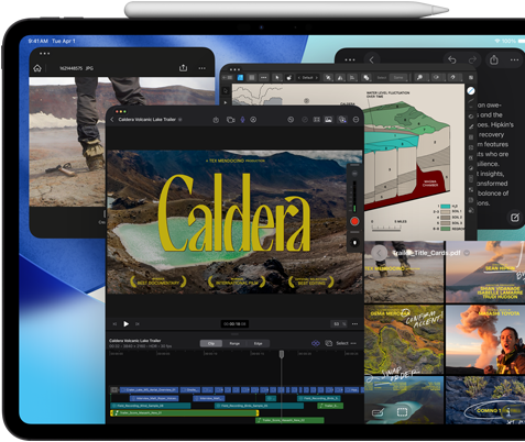 Widoczny od przodu ustawiony poziomo iPad Pro w kolorze gwiezdnej czerni, na nim rysik Apple Pencil, na wyświetlaczu wiele okien otwartych aplikacji, w tym Final Cut Pro z wieloma funkcjami montażu wideo i osią czasu, a także Mapy, Notatki i różne klipy multimedialne