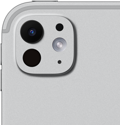 Widoczny od tyłu iPad Pro w kolorze srebrnym z systemem aparatów pro z pięcioelementowym obiektywem i adaptacyjnym fleszem True Tone