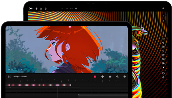 Widoczne od przodu ustawione poziomo dwa iPady Pro w wersjach 13 i 11 cali, w kolorze gwiezdnej czerni, zaokrąglone rogi, czarna ramka wyświetlacza, na modelu 11-calowym barwny obraz postaci o rudych włosach, na 13-calowym kolorowe elementy interfejsu do edycji zdjęć