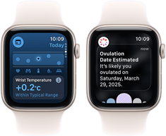 dwa urządzenia Apple Watch SE 3 z kopertami z aluminium w kolorze księżycowej poświaty prezentują na ekranach aplikację Parametry życiowe