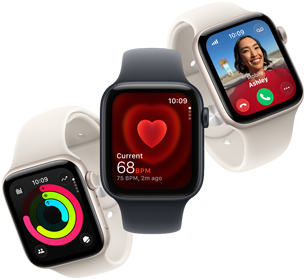 Trzy urządzenia Apple Watch SE 3 unoszące się obok siebie