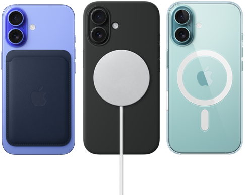 Trzy urządzenia iPhone 16, tył obudowy, przyłączone akcesoria MagSafe: portfel z tkaniny FineWoven do iPhone’a, ładowarka MagSafe z silikonowym etui i przezroczyste etui z MagSafe do iPhone’a