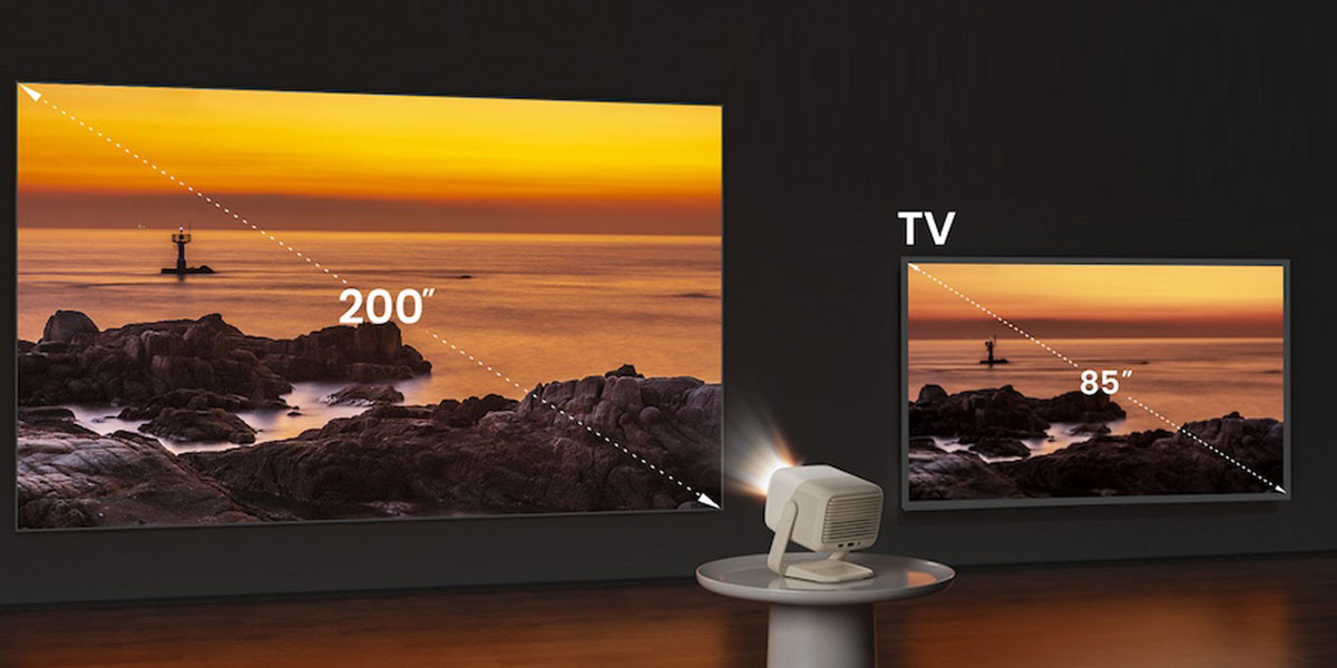 Ilustracja porównuje wielkość wyświetlanego obrazu przez JMGO – N1s Nano i TV 85 cali