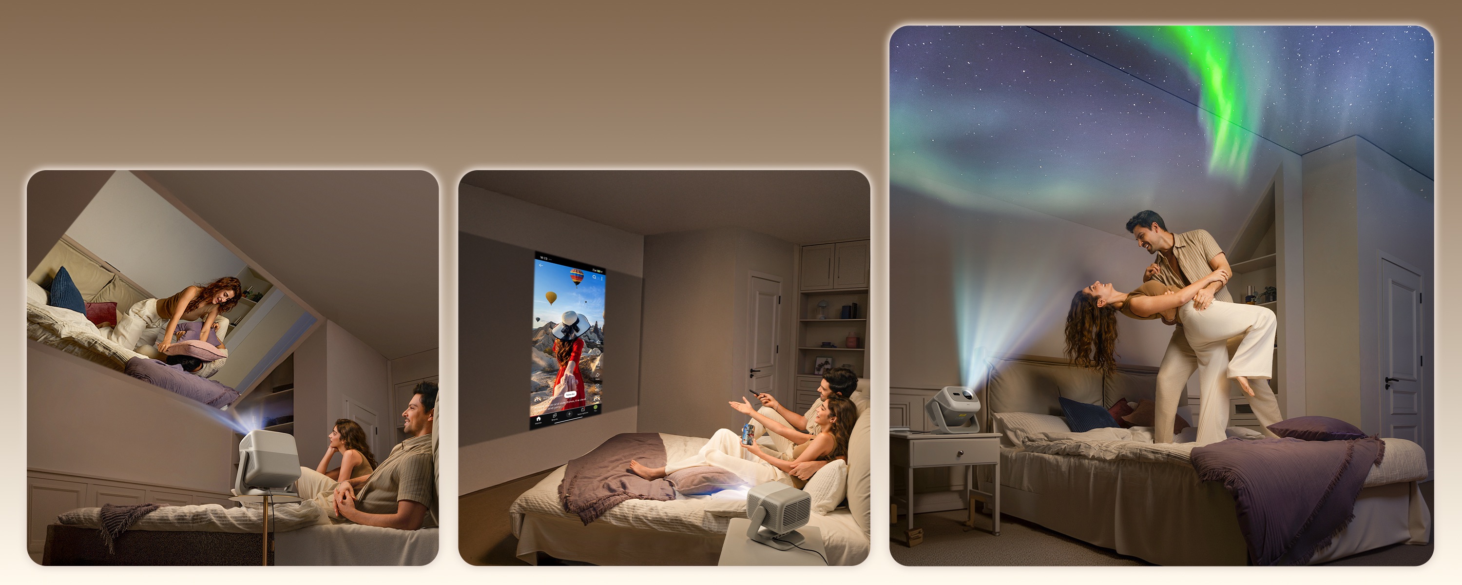 Para ogląda obraz z projektora JMGO – N3 wyświetlany na ścianie, suficie i pochyłym ekranie.