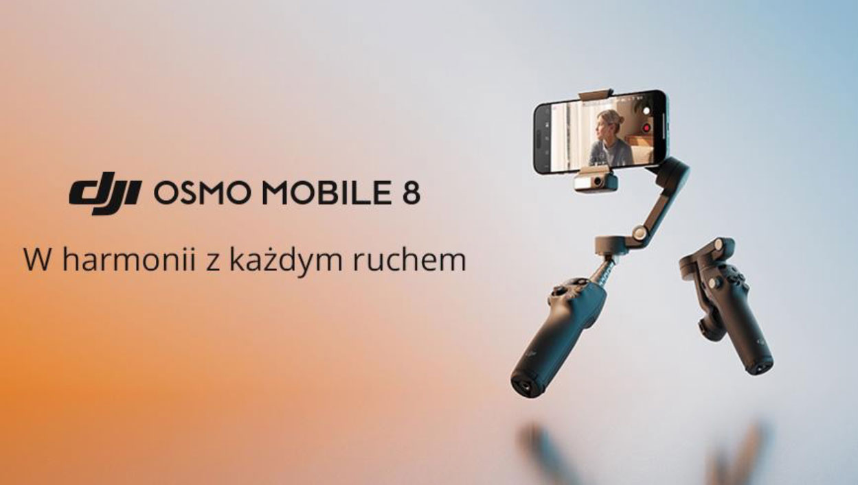 Zdjęcie gimbala DJI Osmo Mobile 8 z hasłem W harmonii z każdym ruchem.