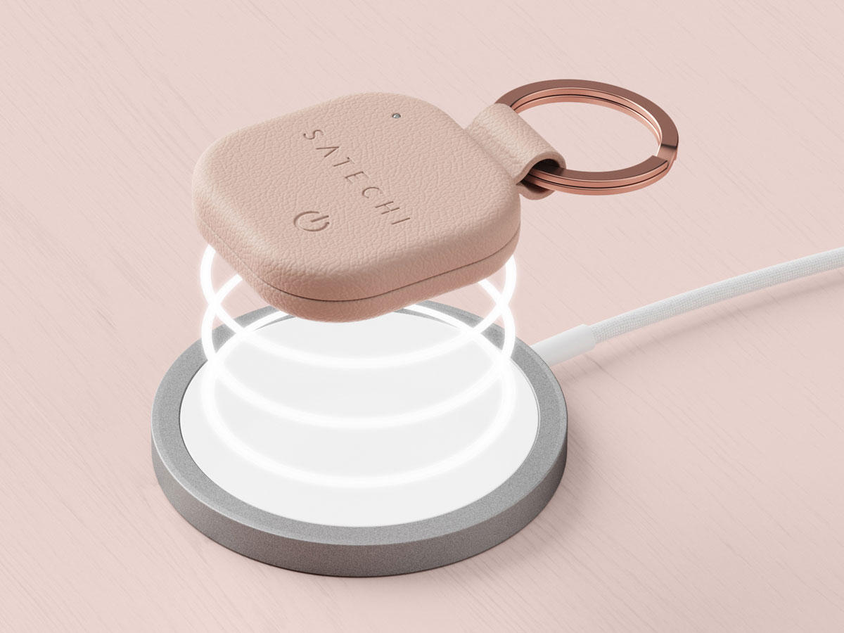 Ilustracja bezprzewodowego ładowania lokalizatora Satechi Veganleather Findall Keychain