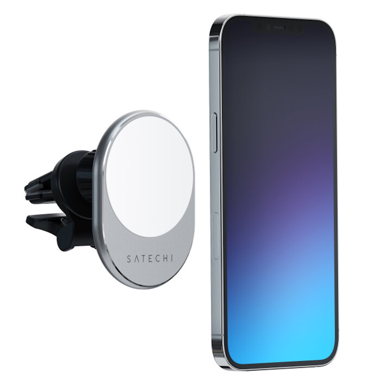 Ilustracja bezprzewodowego połączenia Satechi Magnetic Wireless Car Charger ze smartfonem