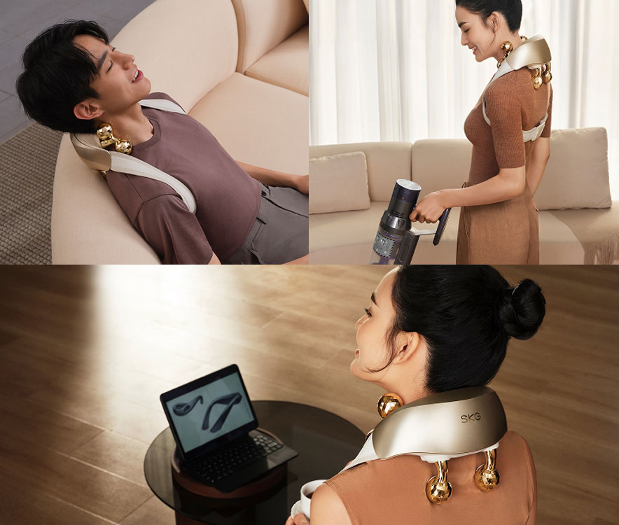 Ilustracja trzech osób korzystających z różnych typów masażu.