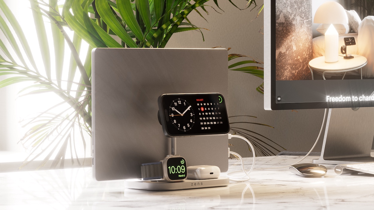 Zens 4in1 Wireless Charger Qi2 60W Magsafe ładuje cztery urządzenia jednocześnie na stanowidsku poracy
