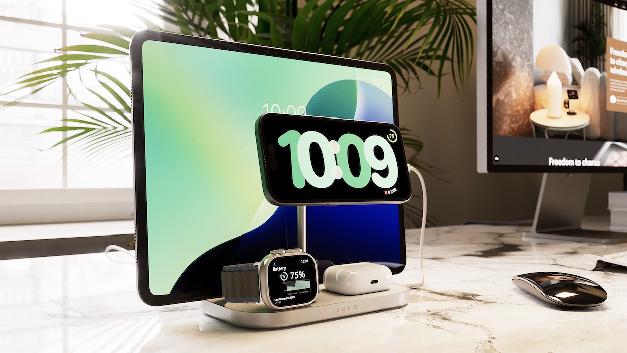 Ilustracja uporządkowanego stanowiska pracy dzięki wykorzystaniu ładowarki Zens 4in1 Wireless Charger Qi2 60W Magsafe