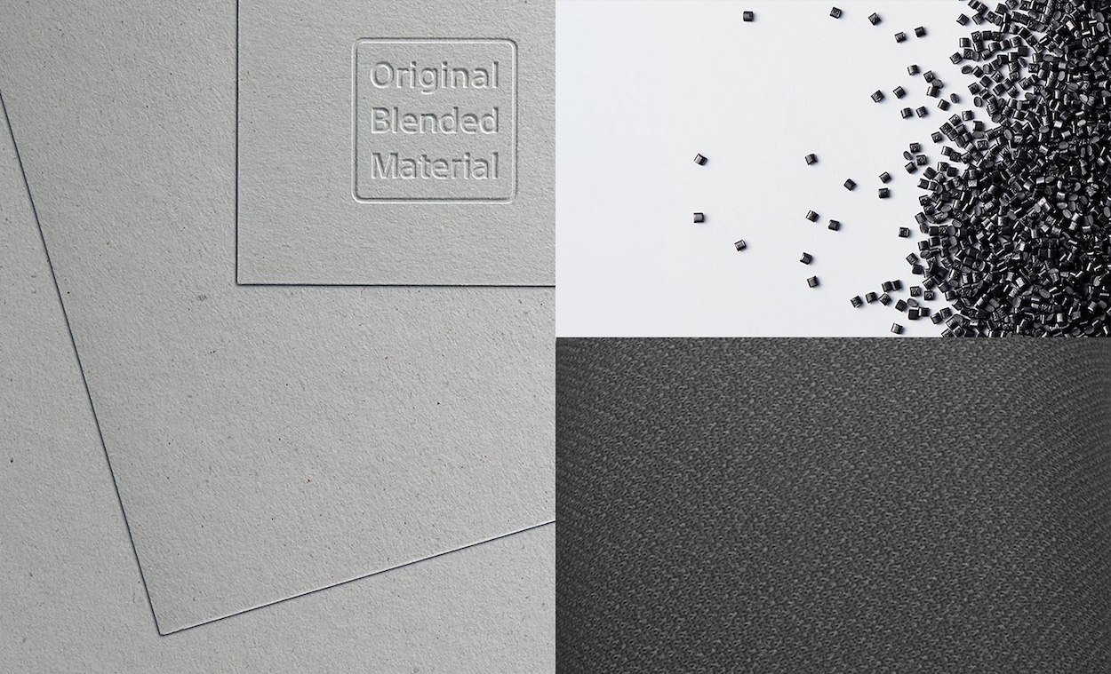Podzielony ekran: z lewej tworzywo Original Blended Material wykorzystane w opakowaniu; z prawej użyte w produkcie materiały uwzględniające potrzeby środowiska naturalnego