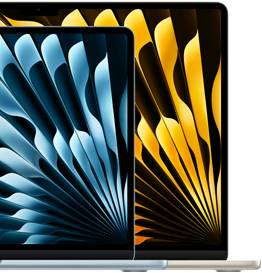 Dwa laptopy MacBook Air demonstrujące różnicę rozmiaru wyświetlaczy, 13,6 cala i 15,3 cala, mierzonych po przekątnej